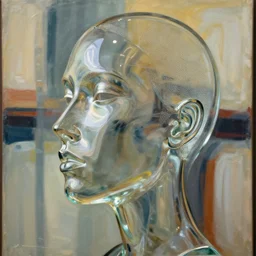 woman face scult in glass, abstract painting as background