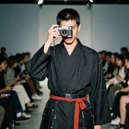 modern high fashion clothing designer inspired by vampires and samurai runway photo canon - ae 1 3 5 mm film camera male model