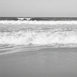 an early black and white photo of a beach with sea waves crashing on the beach