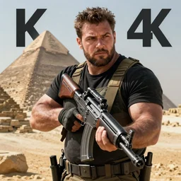 a beefy man with a machine gun, egyptian pyramid in the background, 4 k, sharp focus, real life photo, highly detailed, cinematic, photorealistic, cyberpunk, book cover