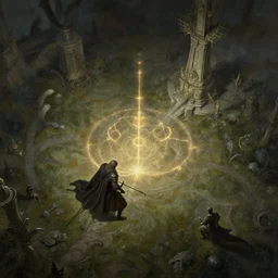 a ultra detailed matte landscape paining of the hunter from bloodborne fighting solaire of astora in elden ring, ultrawide lens, aerial photography, d & d, fantasy, intricate, elegant, highly detailed, digital painting, artstation, concept art, matte, sharp focus, illustration, art by greg rutkowski and rembrandt
