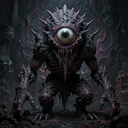 dark fantasy, 4 k, textured 3 d, intense detail, dark psychedelic, hideous one eyed monster, amazing background, alex grey style