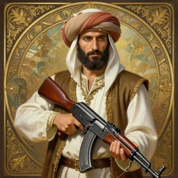 male cottagecore taliban leader holding a kalashnikov rifle. intricate, elegant. highly detailed, digital painting, artstation, concept art, smooth, sharp, focus, illustration.. art by artgerm and greg rutkowski and alphonse mucha