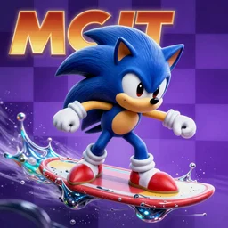 sonic portrait of surreal, sharp, detailed professional, high quality airbrush art MGMT album cover of a liquid dissolving LSD DMT sonic the hedgehog surfing through cyberspace, purple checkerboard background, 1990s 1992 Sega Genesis video game album cover