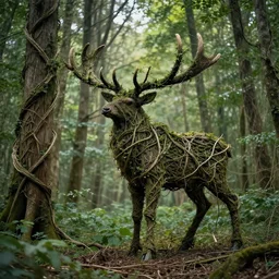 in a forest, vines, twigs, and branches entwined and wrap around each other into a shape resembling an elk