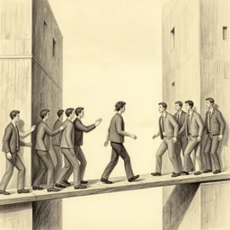 pencil drawing of a group of men encouraging another man to walk across and wooden plank connecting two tall building