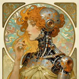 beauty art nouveau woman, rusty robotic,  trending on artstation, by WLOP,Artgerm,Greg Rutkowski,Alphonse Mucha