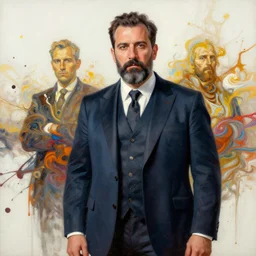 wide shot portrait of the italian mafia by irakli nadar with intricate detailed color smashing fluid oil paint and acrylic, heterochromia, melting wax, mycelia, abstract impressionism, ruan jia, fantasy, hyper detailed, concept art, by gustav klimt,