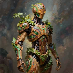 hyper - detailed fine painting of a synthetic humanoid cyborg hybrid half cybernetic and half made of plants and wood, concept art magical highlight, ful color tribal and technologic art