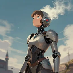 steamy robot girl looking at the sky, Medieval Futurism, Retrofuturism, medieval, science fiction by JeeHyung lee, Anna Nikonova aka Newmilky, trending on artstation, 2D art, 2dcg #digital art #cute #girls photoshop