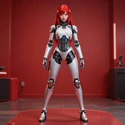 a portrait beautiful red - haired cyborg girl iron legs stands in the dog pose in the red room height detailed, 8 k