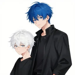 anime boy with messy blue hair wearing black long jacket beside another shorter boy with wavy white hair in white formal clothes, wlop, concept art, digital painting, trending on artstation, highly detailed, epic composition, 8 k uhd