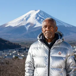 old black man, silver metallic moncler jacket, mt fuji in background,