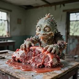 1 9 7 0 s photography, real meat and slime creature in abandoned house