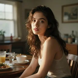color photo portrait of a woman in the messy dining room, morning, worm lighting.