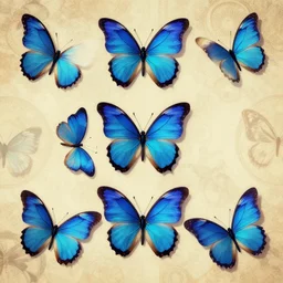 blue butterflies with anxious piercing eyes and vintage illustration pattern background rule of thirds golden ratio, fake detail, trending pixiv fanbox, acrylic palette knife, style of makoto shinkai studio ghibli genshin impact james gilleard greg rutkowski chiho aoshima
