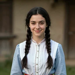 a melancholicly (((smiling)) black haired, young hungarian village maid from the 19th century who ((looks very similar to Lee Young Ae)) with a two french braids, detailed, portrait by Ferenczy Károly, Munkáscsy and  Hollósy Simon