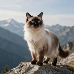a long hair mixed siamese cat standing on the peak of a mountain range, looking far, digital art, epic lighting, epic composition, 4 k