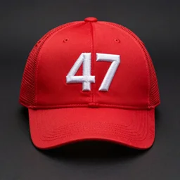agent 4 7 wearing a red truckers hat that with white text