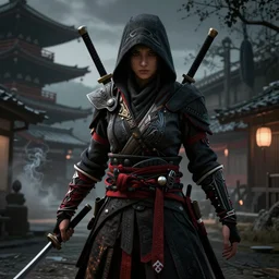Ingame Screenshot of Assassins' Creed 6: Tokyo Shinobi, for ps5, Dark, Highly Detailed, Feudal era Japan, Shinobi, Ninja, Tokyo, Ghost of Tsushima and Sekiro as references, Wielding Kunai, Unreal engine 5, HD, Ultra Graphic settings, 8k, GTX 3090, In the style of Sifu 🔥 😎 🕹️ 👀  :2 ,Ninja, Stealth, Shinobi, Smoke :6 ,Female protagonist 👀 :8