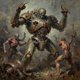 oil paint of flayed god machines, cluster battle chaos, intricately macerated by age, sentient, dethroned goliath machine, whipping blood turbines, hydrocracking battles, rusted, sciences, macerated, eviscerated by fimbria wires, bicornate fungal pit, trash patina sheen rotting, by alberto bontempi, alex ross, shiger