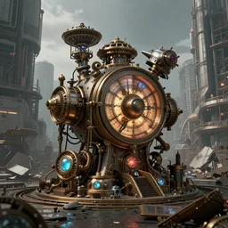 steampunk time machine placed in the center of abandoned post Apocalyptic fututre cyberpunk city, ornate, intricate, emitting light ornaments, glowing gems, artstation