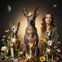 a beautiful ultradetailed vintage photo of an ancient aztec hairless dog breed set against space, by tom bagshaw and anna dittman, portrait, soft backglow, vignette, 8 5 mm lens, golden ratio composition, detailed faces, studio lighting, very detailed, robot dogs overgrown with flowers, artstation, 8 k, highly coherent