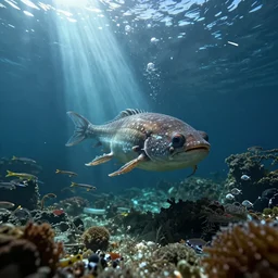 underwater enviroment with Anoplogaster creatures, unreal 5, hyperrealistic, realistic, photorealistic, dynamic lighting, highly detailed, cinematic landscape, studio landscape, studio lighting