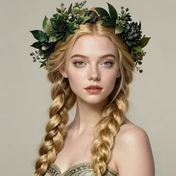 portrait anya taylor-joy, long blond braided hair with floral crown, dark green leaves, intricate, elegant, highly detailed, digital painting, artstation, concept art, smooth, sharp focus, illustration, bouguereau, rutkowski, mucha