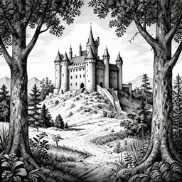a castle near a wood, ink from escher, intricate environment