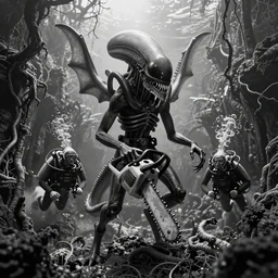 xenomorph greeting ocean divers emerging from the walls of a sunken tunnel rotting, beksinski, bruehgel, black and white, chainsaw, teeth, vines, giant winged demon, detailed background, photograph, masterpiece, alien bifurcated hydromedusa gel shell