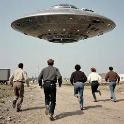 in the style of 1 9 5 0 s, a real footage of a scary ufo in the sky, people are running away