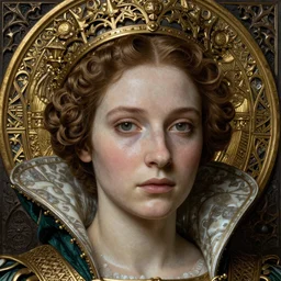 detailed realistic beautiful young medieval queen face portrait by jean delville, georges de la tour, gustav klimt, and marco mazzoni, art nouveau, symbolist, visionary, gothic, preraphaelite, realistic smooth polished porcelain, ultrasharp hyperdetailed photorealistic octane render, ornate gothic icon with heavy patina