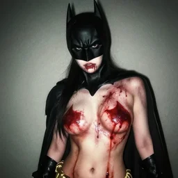 batman cosplay, creepy, disturbing, bloody, femenine body, grainy, sexy