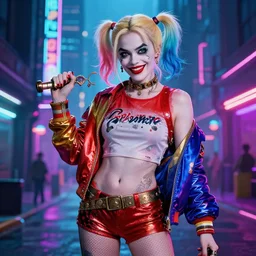 Madison ivy as Harley Quinn in a cyberpunk street, concept art, digital art, well detailed, trending on artstation, with neon colors, 8k