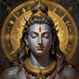hyper realistic painting portrait of shiva, occult diagram, elaborate details, detailed face, intrincate ornaments, gold decoration, occult art, oil painting, art noveau, in the style of roberto ferri, gustav moreau, david kassan, bussiere, saturno butto, boris vallejo