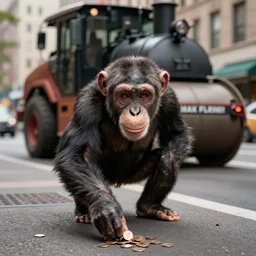 a chimpanzee picking up pennies on a city street with a large steam roller headed towards him, depth of field, max fleischer, breathtaking, detailed and intricate environment, 8 k resolution, hyperrealistic, octane render