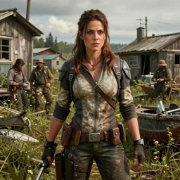 fallout 5, charismatic beautiful rugged brunette female protagonist, portrait, outdoors in overgrown fishing settlement, atmospheric lighting, painted, intricate, volumetric lighting, beautiful, daytime, sunny weather, slight overcast, sharp focus, deep colours, ultra detailed, by leesha hannigan, ross tran, thierry doizon, kai carpenter, ignacio fernandez rios