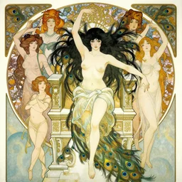 highly detailed dancing beautiful cute girls with peacock feathers, endless black hair, with pale skin, fibonacci, fragile, sitted on an intricate stone throne by alphonse mucha, ayami kojima, yoshitaka amano, charlie bowater, karol bak, greg hildebrandt, jean delville, and mark brooks, 4 k resolution