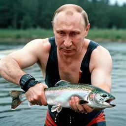 7 0 s movie still of putin in speedo, catching a salmon with his hands, focus on face. cinestill 8 0 0 t _ 3 5 mm eastmancolor, heavy grain, high quality, high detail