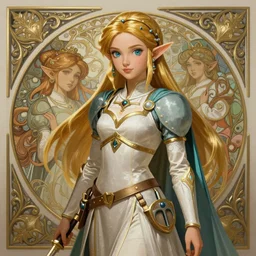 Princess Zelda, fantasy, intricate, elegant, highly detailed, digital painting, artstation, concept art, matte, sharp focus, illustration, art by Artgerm and Greg Rutkowski and Alphonse Mucha