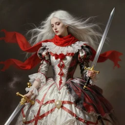 a vampire with long light white hair and a red scarf, windy, ribbons, melancholic, modern maximalist harlequin fashion dress, is ( ( holding a golden sword ) ). light dust, magnificent, hyperdetailed, theatrical, painted by jean honore fragonard and greg rutkowski