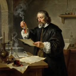 1 7 th century alchemist scientist standing in his wondrous workshop doing mysterious experiments with vials, smoke and parchments, stone walls, high - detailed oil painting by albert bierstadt