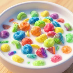 bowl of fruit loops in milk, high realism, crunchy, glossy, high detail, stylized, pixar, substance painter, octane render