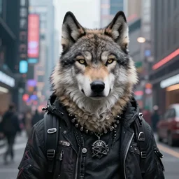 beautiful furry art portrait commission of a furry anthro wolf fursona wearing punk clothes in the streets of a cyberpunk city at night in the snow. neon signs. character design by charlie bowater, ross tran, rick griffin, miles df, detailed, inked, western comic book art