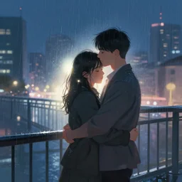 hugging the love of your life in the rain at night in a modern chinese city on a bridge, volumetric lighting, realistic illustration, perfectly shaded, soft painting, dreamlike, moody lighting, artstation, backlight, art by krenz cushart and wenjun lin