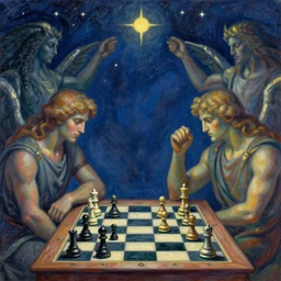 chess game between gods, impressionist drawing, artstation award winner, procreate, beautiful composition, stars in the background