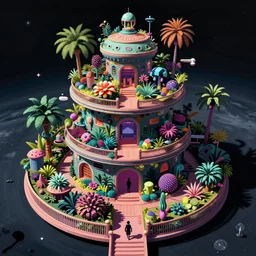aerial view of a multi level spaceship botanical garden in space, by artgerm, tom bagshaw, gerald brom, vaporwave colors, lo - fi colors, vaporwave, lo - fi, moody vibe, goth vibe, full body, rendered by substance designer, cel shading, toon shading, smooth,