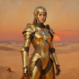 a young dejah thoris on mars wearing articulated gold armor, after a battle, close portrait, sand dunes to the horizon, sunset, oil painting on canvas, by sargent and lane brown