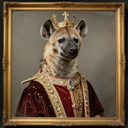 professional studio photo portrait of anthro anthropomorphic spotted hyena head animal person fursona wearing elaborate pompous royal king robes clothes gold frame by Louis Daguerre daguerreotype tintype